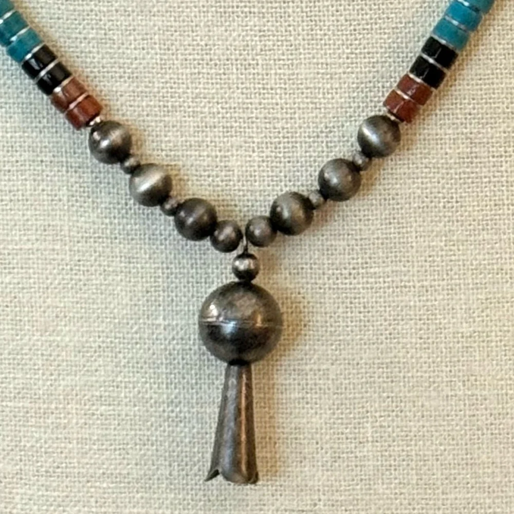 Turquoise Sterling Silver Navajo Pearls Squash Blossom Bell Pendant Necklace - Picture 3 of 8